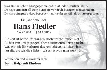 Traueranzeige von Hans Fiedler von Pegnitz-Zeitung